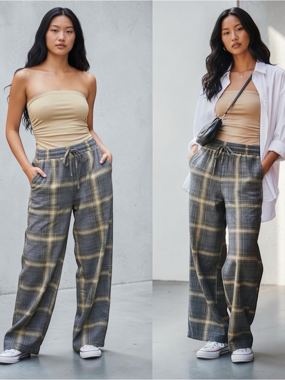 WeWoreWhat Plaid Drawstring Pants & Beige Strapless Bodysuit Lounge Co-Ord Set S